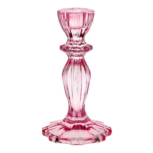 Świecznik szklany, różowy.